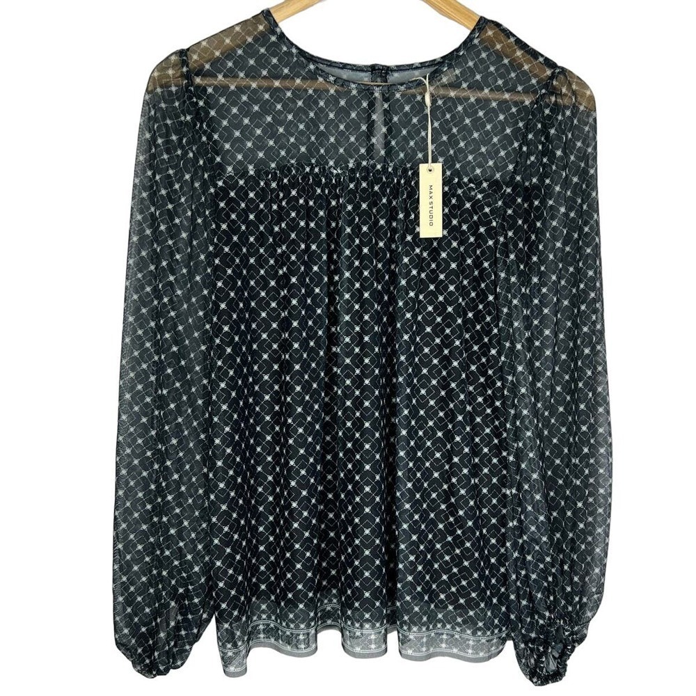 NWT $98 Max Studio Semi Sheer Long Sleeve Mesh Peasant Blouse Top Black Ivory S